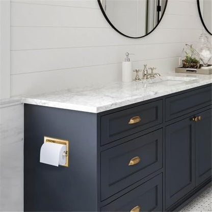 Bowery Hill Recessed Toilet Paper Holder, Polished Brass Finish, Zinc and Aluminum Construction, 6 in Dimensions, Includes Plastic Roller, Space-Saving Design for Bath or Powder Room