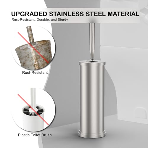 Stainless Steel Toilet Bowl Brush and Holder Set Scrubber Nickel | Weighted Stable Base Removable Inner Tube Toilet Bowl Brush Splash-Proof Design for Deep Cleaning Space Saving Storage - color: Nickel