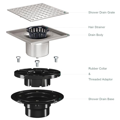 4 Inch Square Shower Floor Drain with Flange and Hair Strainer | SUS304 Stainless Steel, Anti-Clog, Brushed Nickel Shower Drain with Hair Catcher, Removable Grid Drain Cover, For Bathroom - color: Brushed Nickel