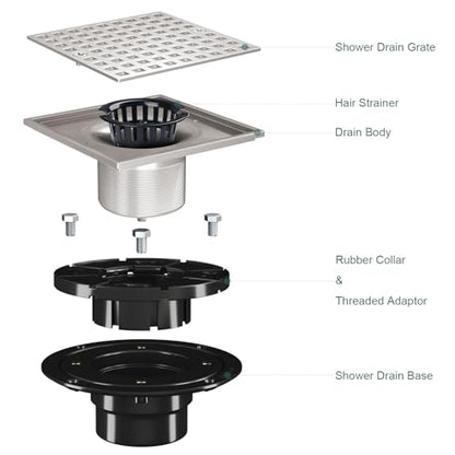 4 Inch Square Shower Floor Drain with Flange and Hair Strainer | SUS304 Stainless Steel, Anti-Clog, Brushed Nickel Shower Drain with Hair Catcher, Removable Grid Drain Cover, For Bathroom - color: Brushed Nickel