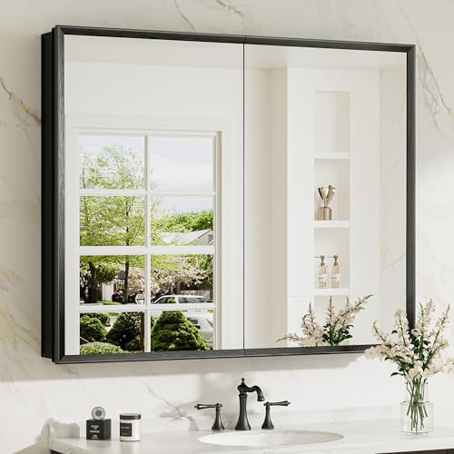 TokeShimi 40 x 32 Black Recessed Medicine Cabinet with Mirror, Assembly Required, Bathroom Mirror Cabinet, Steplessly Adjustable Shelves, Beveled Aluminum Frame, Tempered Glass - color: Black, size: 40x32 in
