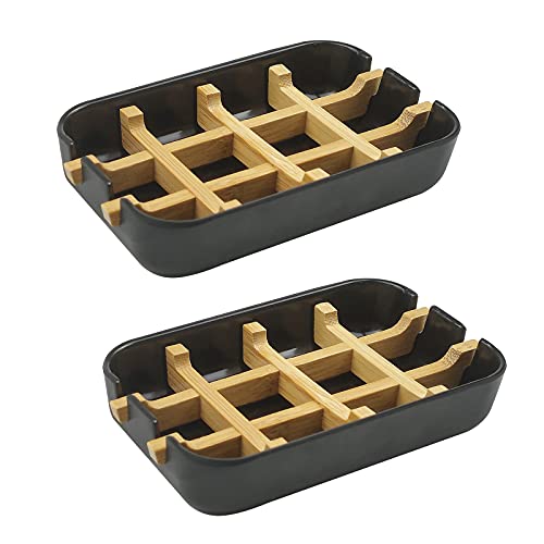 2 Pack Bamboo Soap Dish, Self-Draining Hand Soap Box, Wooden Bamboo Bar Soap Holder for Shower, Bathroom, Kitchen, Bathtub, Bar Sink (Black) - color: Two Pieces Black