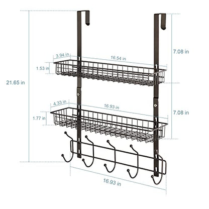 OYEAL Over The Door Hook Rack with 5 Hooks 2 Baskets Steel, Sturdy Durable Coat Rack Towel Hooks Hanging Organizer Shelves for Home Bedroom Bathroom Kitchen, Brown - color: Brown