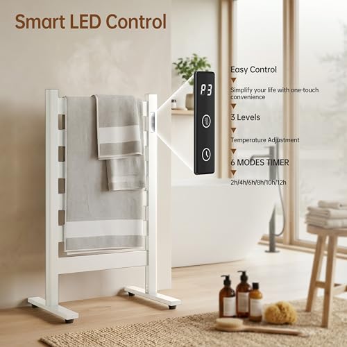 6-Bar Freestanding Heated Towel Warmer with PTC Fast Heating | 170°F Adjustable Temperature, 2-12H Timer & Memory Function, Freestanding Design, Wide Bar Rack for Towels, Matte White - color: White