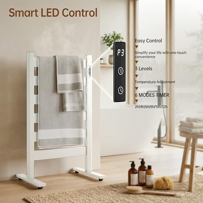 6-Bar Freestanding Heated Towel Warmer with PTC Fast Heating | 170°F Adjustable Temperature, 2-12H Timer & Memory Function, Freestanding Design, Wide Bar Rack for Towels, Matte White - color: White