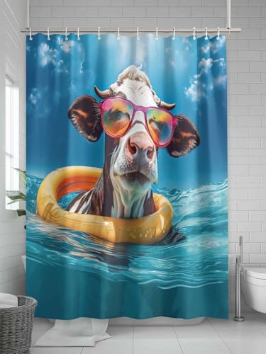 Waterproof Fabric Shower Curtain Cow Swimming in The Sea Shower Curtains for Bathroom, Quick-Drying, Machine Washable 72x72 Inch - color: Teal Blue, size: 72"W x 72"L (Pack of 1)