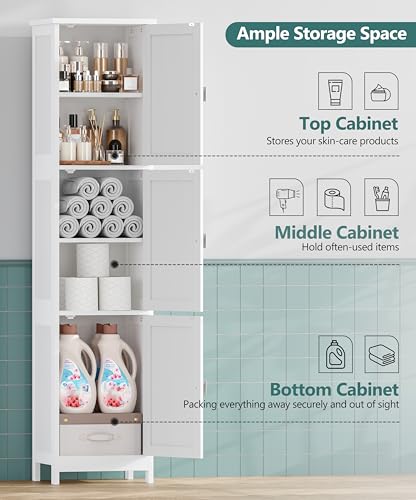 Tall Narrow Bathroom Storage Cabinet, 3-Tier Slim Storage Cabinet | Linen Cabinet with Adjustable Shelves and 3 Doors, for Bathrooms, Living Room, Laundry Room, Kitchen, White