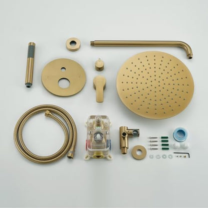 Iriber Brushed Gold Shower System Wall Mounted Shower Faucet Mixer Set with 12 Inches Rain Shower head and Handheld, Bathroom Modern Rainfall Shower Trim Kit (Contain Valve Cartridge) - color: Brushed Gold 02