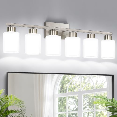 Brushed Nickel Bathroom Light Fixtures with Milk Glass Shades, Eye-Friendly 6 Light Vanity Lights for Bathroom, Vanity Lights with E26 Socket (Bulbs Not Included), for Mirror, Bedroom, Hallway - color: Brushed Nickel & Milk Glass, size: 6-light