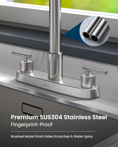 APPASO 4 Hole Kitchen Faucet Brushed Nickel for 3 or 4 Hole Standard Sinks | 2 Handle Kitchen Faucets with 3-Mode Pull Down Sprayer and Soap Dispenser, Square Spout Dual Handle Faucet Stainless Steel - color: 2-Brushed Nickel