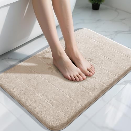 Yimobra Memory Foam Bath Mat, Super Soft Absorbent Bathroom Rug Non Slip 31.5x20 Inch, Quick Dry, Machine Washable Floor Carpet for Tub Shower, Home Decor Accessories, Beige - color: Beige, size: 31.5" X 20"
