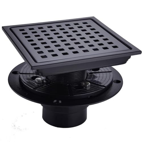RANDOM Square Shower Drain 6 Inch Matte Black Stainless Steel Shower Floor Drain Kit with Adjustable PVC Base Flange, Removable Grid Grate, Hair Strainer - color: C-matte Black-6″ Square With Base Flange