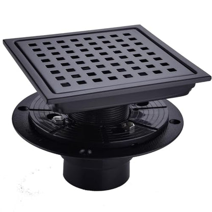 RANDOM Square Shower Drain 6 Inch Matte Black Stainless Steel Shower Floor Drain Kit with Adjustable PVC Base Flange, Removable Grid Grate, Hair Strainer - color: C-matte Black-6″ Square With Base Flange
