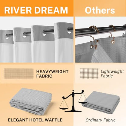 River Dream No Hooks Shower Curtain with 2 Snap in Liner, Light Grey, 71x74 | Waffle Weave, 1 Attached Snap in Liner and 1 Extra Replacement Liner, Bathroom Curtains Shower Set, Hotel Grade, Spa Like - color: Light Grey