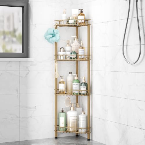 SWTYMIKI Standing Shower Caddy Corner - 4‑Tier Stainless Steel Shower Organizer Shelf with 12 Hooks and Adhesive Pads, Rustproof Corner Shelves Stand Rack for Bathroom Shower Room, Gold - color: Gold-4‑Tier