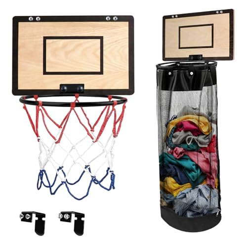 Over the Door Basketball Laundry Basket, 2-in-1 Wooden Basketball Hoop Laundry Hamper, Space Saving Hanging Organizer for Kids, Dirty Clothes Storage with Zipper for Kids Room, Dorm, Bedroom, Bathroom