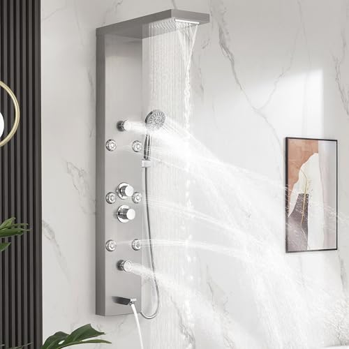DELAVIN Stainless Steel Shower Tower, 5-Function Shower Panel Tower System | with Rainfall Waterfall Shower Head, Massage Body Jets, Tub Spout, Handheld Shower, Designed for Hotels, Gyms, Spas - color: Brushed Nickel, style: 8 Body Jets