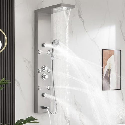DELAVIN Stainless Steel Shower Tower, 5-Function Shower Panel Tower System | with Rainfall Waterfall Shower Head, Massage Body Jets, Tub Spout, Handheld Shower, Designed for Hotels, Gyms, Spas - style: 8 Body Jets