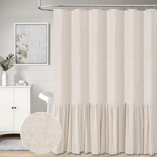 BTTN Extra Long Linen Shower Curtain - 72x96 Inch Long Shabby Chic Heavy Duty Fabric Shower Curtain Set with Ruffle Hem, Tall Farmhouse Vintage Cloth Shower Curtains for Bathroom Decor - Beige/Cream | Ruffle Hem, Heavy Duty Fabric, 12 Hooks, Elegant Drape