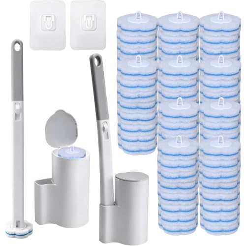 Disposable Toilet Brush and Holder, 2-Piece Wall Mounted Cleaning System with 80 Refills, for Bathroom, Sink and Bathtub
