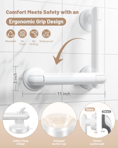 JOTPE 2026 Upgraded Suction Grab Bar for Shower,11-Inch No-Drill,White | Waterproof, removable shower grab bar mounts on smooth, non-porous surfaces without drilling for convenient balance support