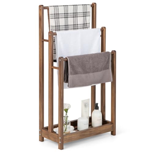 Giantex 3 Tier Free Standing Towel Rack with Storage Shelf, Rustic Brown | Wood Bath Towel Drying Stand, Blanket Holder for Living Room, Laundry, Bathroom, Poolside, 18" L x 9" W x 34" H - color: Rustic Brown