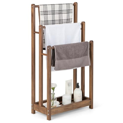 Giantex 3 Tier Free Standing Towel Rack with Storage Shelf, Rustic Brown | Wood Bath Towel Drying Stand, Blanket Holder for Living Room, Laundry, Bathroom, Poolside, 18" L x 9" W x 34" H - color: Rustic Brown