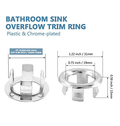 6 Pack Sink Overflow Ring, Chrome Plastic Hollow Basin Drain Cover | Fits 22-25mm Overflow Hole, Tool-Free Flex Buckle Install, Anti-Aging Rust Proof, for Ceramic Bathroom Kitchen Sink - color: Chrome -- 6 Pack, style: Plastic