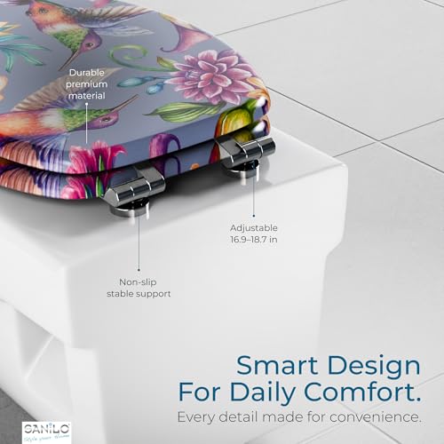 SANILO Wooden Toilet Seat with Soft Close [ELONGATED] - Decorative, Quiet & Slow Close Molded Wood Seat - With Strong Bumpers & Hinges - Adjustable Fit - Hummingbird - color: Hummingbird