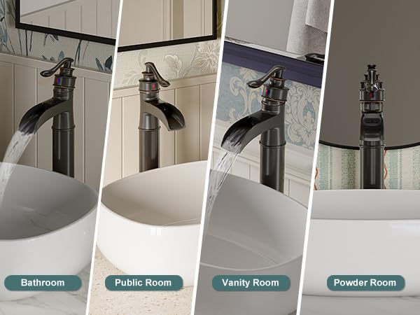 BWE Waterfall Spout Oil Rubbed Bronze Bathroom Faucet Vessel Sink Faucet | Single Handle One Hole Tall Sink Faucet Bathroom ORB Lavatory Faucets Deck Mount Commercial with Pop Up Drain 2 Supply Lines - color: Bronze