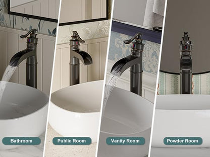 BWE Waterfall Spout Oil Rubbed Bronze Bathroom Faucet Vessel Sink Faucet | Single Handle One Hole Tall Sink Faucet Bathroom ORB Lavatory Faucets Deck Mount Commercial with Pop Up Drain 2 Supply Lines - color: Bronze