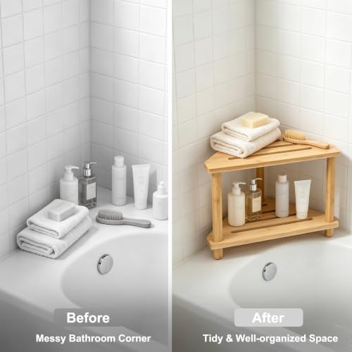 2-Tier Bamboo Corner Shower Caddy, Multifunctional Shower Stool Storage Shelf for Bathroom Kitchen Bedroom