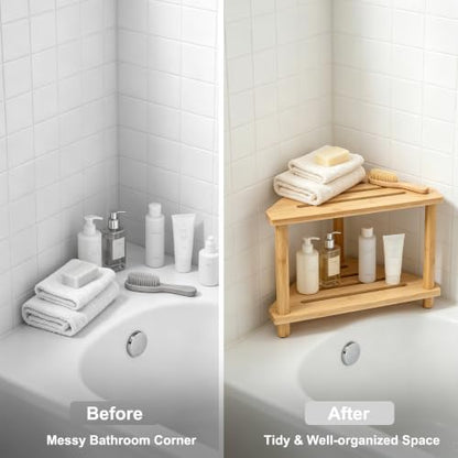 2-Tier Bamboo Corner Shower Caddy, Multifunctional Shower Stool Storage Shelf for Bathroom Kitchen Bedroom