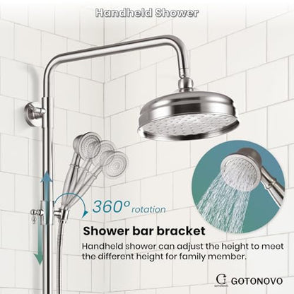gotonovo Exposed Shower System Wall Mount,Brushed Nickel,Metal Handheld | 8” Rain Shower Head Faucet Set Fixtures,2 Function,Two Cross Handle,Height Adjustable,for 5-6.7" Hole,Indoor Victorian Retro - color: Nickel