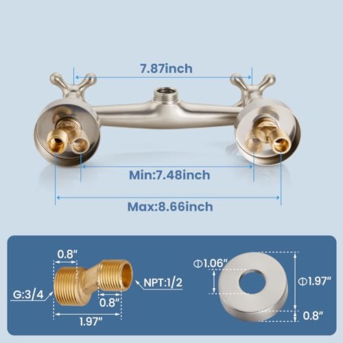 Airuida 8 Inch Center Brushed Nickel Wall Mount Kitchen Sink Faucet | Double Cross Handle,Adjustable Center,6 Inch(15cm) Spout - color: Brushed Nickel