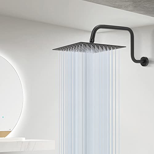 NearMoon S Shape Shower Extension Arm with Flange, Stainless Steel High Rise Shower Head Extender Pipe, Horizontal Extension Standard 1/2" Connection- Bathroom Accessory, 16 Inch (Matte Black)