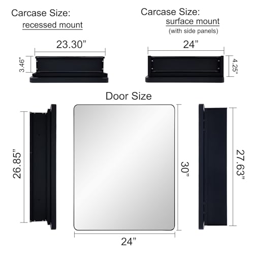 Black Bathroom Mirror Medicine Cabinet with Round Corner Framed Door 24 x 30 inch, Recessed or Surface Mount, with Adjustable Glass Shelves - size: 24 x 30 inch