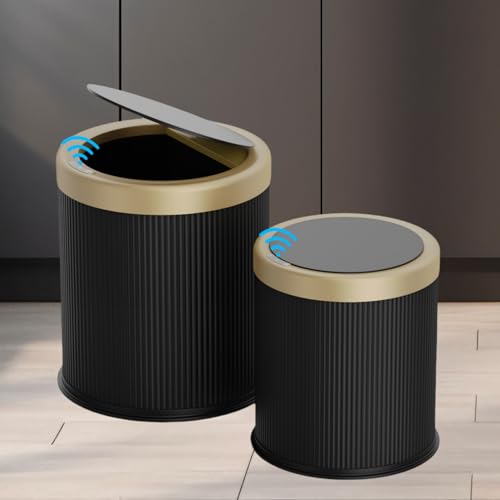 URALFA 2PCS Bathroom Trash Can Automatic Touchless, Motion Sensor Trash Can | 2.8 & 3.7 Gallon Bathroom Garbage Can with Lid, Smart Waterproof Trash Bin for Bedroom, Office, Restroom, Black and Gold - color: Dark Grey