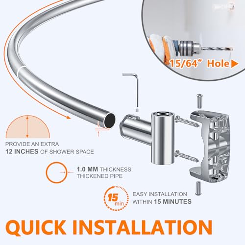 Curved Shower Curtain Rod, Adjustable 45-72 Inches Curved Shower Rod, Rustproof Shower Curtain Rod, Never Fall Telescoping Design for Bathroom, Silver, Need to Drill - color: Silver