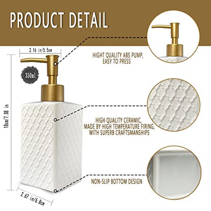 Gold Soap Dispenser for Bathroom,Retro White Square Lotion Dispenser, Refillable Countertop Ceramic Hand Soap Dispenser,Dish Soap Dispenser for Kitchen 350ml(Relief White Square Bottle) - color: Relief White Square Bottle