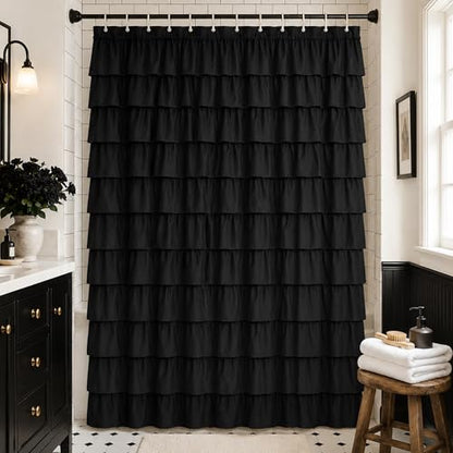 Black Gothic Shower Curtain for Bathroom, Extra-Long 72 x 84 inch, Ruffle | Cascading Layered Ruffles, 72x84, 8ft, 12 Plastic Hooks Included, Machine Washable, Soft Brushed Microfiber Fabric - color: Black, size: 72"W x 84"L (Pack of 1)