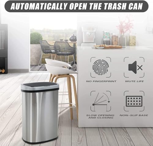 13 Gallon Trash Can with Lid, Automatic Kitchen Trash Cans 50 L Motion Sensor Garbage Can, Brushed Stainless Steel TrashCan for Home Office Bathroom, Sliver