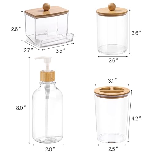 Bamboo Bathroom Accessories Set 4 Pcs - Clear Toothbrush Holder Plastic Soap Dispenser and 2 Qtip Holder Cotton Swab/Pad/Ball Container Jar