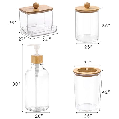 Bamboo Bathroom Accessories Set 4 Pcs - Clear Toothbrush Holder Plastic Soap Dispenser and 2 Qtip Holder Cotton Swab/Pad/Ball Container Jar