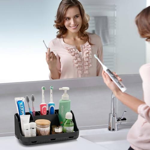 GFWARE Black Toothbrush Holder - 7 Slots Bathroom Organizer Countertop with Drainage Matte Black Electric Toothbrush and Toothpaste Holder for Bathroom Accessories Organization Vanity Sink Storage | Detachable 7 Slots Matte Black Kid Electric Toothbrush a