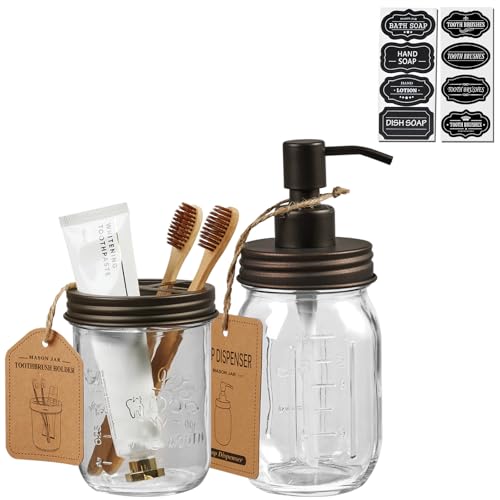 SheeChung 2 Piece Mason Jar Soap Dispenser and Toothbrush Holder Set,Bronze | Farmhouse Glass Bathroom Accessories Set, Countertop Organizers Storage, BPA-Free, Rustproof 304 Stainless Steel,Rustic Decor - color: Bronze, size: Liquid Dispenser