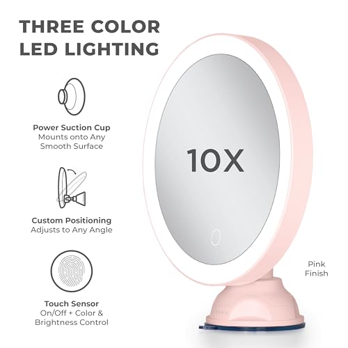 Zadro Zado 8.25-Inch x 6.9-Inch Round LED Lighted Wall Mounted Suction Cup Makeup Mirror with 10X Magnification and Touch Controls (Pink) - color: Pink