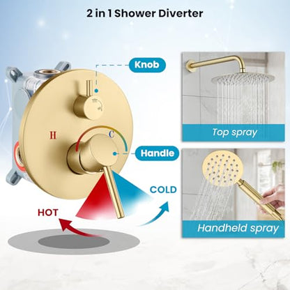 gotonovo High Pressure Shower System Valve and Trim Kit,Brushed Gold | Round Rain 10 Inch Shower Head with Handheld Faucet Set Complete,Rough In Valve,2-in-1 Diverter,All Metal,Bathroom Wall Mount - color: Gold