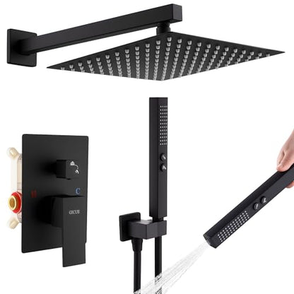 Rain Shower System, 12''Square Rain Head,2-Spray Handheld,Matte Black | 2 Spray Functions,Anti-Tangle Explosion-proof PVD Hose,Balance Temp Valve,Rust-proof & Scratch-resistant - color: Matte Black, size: 12 Inch