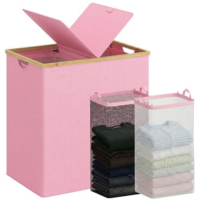 efluky Laundry Hamper with Lid, Double Laundry Basket with 2 Removable Bags, 2 Section Laundry Bin with Bamboo Handles for Bathroom, Bedroom & Laundry Room, 140L (36.9 Gallon) Pink - color: Pink, size: 140L Dual